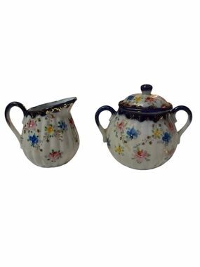🌟Vintage Floral Porcelain Creamer and Sugar Set w/ Navy Trim Cottagecore Decor